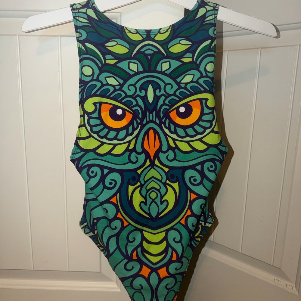 Women's High-Neck One-Piece Swimsuit in Teal Green Owl Print